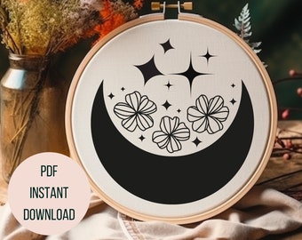 Printable Floral Moon Embroidery PDF~ Celestial Hand Embroidery Pattern ~ Moon and Flowers Design - Celestial Hoop Art -Magical Moon Pattern