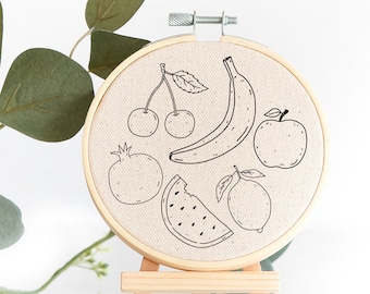 Fruits Hand Embroidery Pattern - Modern Fruits Hand Embroidery PDF - Fruits Hoop Art - Watermelon, apple, banana, lemon,cherry Shirt Pattern