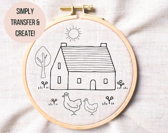 Patrón de bordado a mano de Little Farmhouse imprimible - Descarga de bordado de casa caprichosa - Arte lindo del aro de la casa - Bordado de núcleo de cabaña