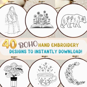ボヘミアン ハンド刺繍パターン バンドル - ボヘミアン ハンド刺繍デザイン 40 点セット - フローラルブック - フローラルカップ - フローラルムーン 6 インチ フープアート