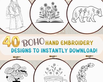 Boho Hand Embroidery Pattern Bundle -  Set of 40 Boho Hand Embroidery Designs - Floral Book - Floral Cup - Floral Moon 6 Inch Hoop Art