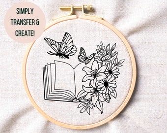 Book Hand Embroidery Pattern  Floral Book Printable Embroidery PDF Butterfly Open Book Embroidery Download Hoop Art Butterfly Book