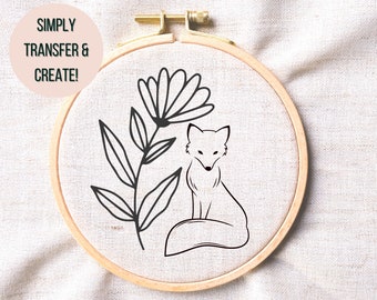 Fox Hand Embroidery PDF - Fox Hand Embroidery Pattern Printable - Fox and Flower Embroidery Download - Fox Hoop Art - Fox Lovers Gift Idea
