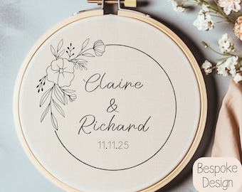 Custom Wedding Names Hand Embroidery Pattern - Personalized Wedding Embroidery PDF- Modern Wedding Wreath - Embroidery Engagement Gift Idea
