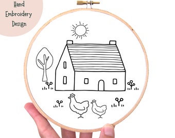Patrón de bordado a mano de una pequeña casa de campo para imprimir - Descarga de bordados de casas caprichosas - Arte de aro de casa linda - Bordado Cottage Core