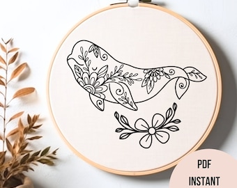 花柄クジラ刺繍パターン、クジラ刺繍、海の生き物、クジラと花の刺繍