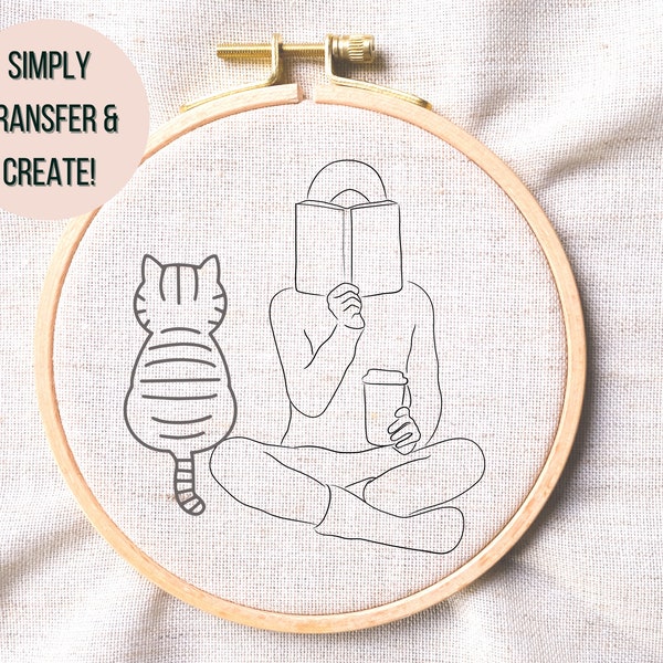 Book Hand Embroidery Pattern - Just A Girl Reading Embroidery Design - Boho Book Lover Embroidery PDF - Cute Cat Embroidery - Boho Hoop Art