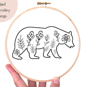 Modern Floral Bear Hand Embroidery PDF Floral Animal Embroidery Pattern Download Bear Printable Hoop Art Pattern Doodle Flower Embroidery