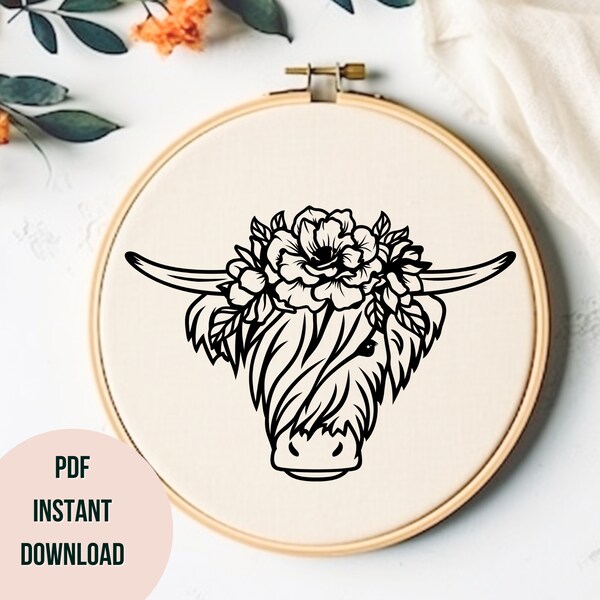 Highland Cow Hand Embroidery Pattern Floral Cow Printable Embroidery PDF Scottish Cow Hoop Art Pattern Gift For Cow Lovers DIY Hoop Art Gift