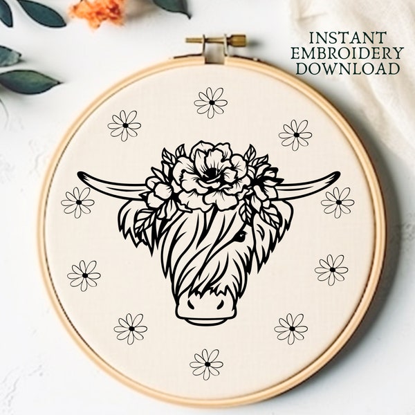 Highland Cow Hand Embroidery Pattern Floral Cow Printable Embroidery PDF Scottish Cow Hoop Art Pattern Gift For Cow Lovers DIY Hoop Art Gift