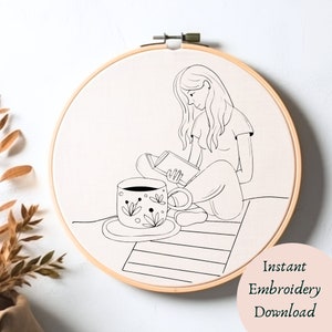 Just A Girl Reading Hand Embroidery Pattern PDF Floral Cup Hand Embroidery Pattern Download Boho Hoop Art Pattern Booklover Gift Embroidery