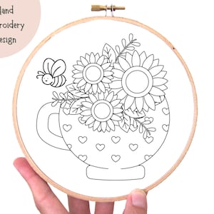 Floral Teacup Hand Embroidery Pattern Flower Cup Easy Embroidery PDF Beginner Friendly Hoop Art Printable Pattern Floral Line Art Teacup