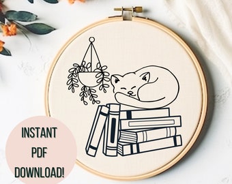 Broderie à la main motif chat et livres imprimable pile de livres à broder Télécharger cerceau imprimable chat mignon Art PDF chat et cadeau pour les amateurs de livres