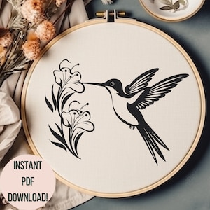 Hand Embroidery Humming Bird Pattern Downloadable Floral Humming Bird Embroidery PDF Lily Hoop Art Pattern Gift For Bird Lovers