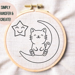 Nursery Art Cat On The Moon Printable Hand Embroidery Pattern Cat and Moon Hand Embroidery PDF Hoop Art Pattern DIY Children Wall Art
