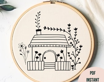 Tiny House Hand Embroidery Pattern Floral House Embroidery PDF Printable Little Cottage Hoop Art Pattern Download Cottagecore DIY Gift Idea