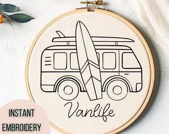 May include: Black and white line art embroidery pattern of a vintage van with a surfboard on top. The text "Vanlife" is written below the van.