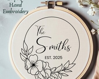 May include: A white embroidery hoop with a black floral design and the text "The Smiths Est. 2025".