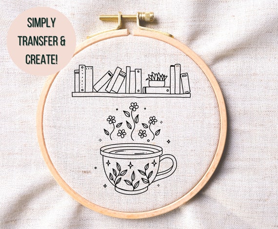 Books Hand Embroidery Pattern Downloadable Teacup and Books