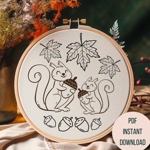 Squirrels and Acorns Hand Embroidery PDF - Cute Fall Scene Printable Embroidery Pattern  - Autumnal Hoop Art - DIY Fall Decor - Childrens