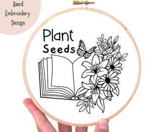 Book Hand Embroidery Pattern - Floral Book Embroidery PDF - Book Quote Pattern - Embroidery PDF - Hand Embroidery Template