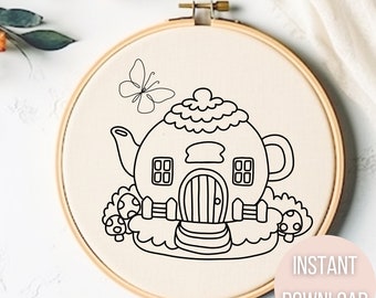 Little Butterfly Cottage Hand Embroidery Pattern Printable - Gnome Cottage Hand Embroidery PDF - Little House Hoop Art -DIY Nursery Art