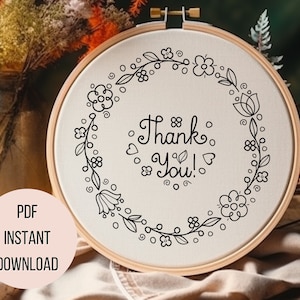 Merci Idée de cadeau brodé - Carte de remerciement unique - Merci PDF de broderie à la main imprimable - Cadeau de broderie florale moderne