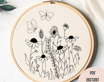 Wild Flowers And Butterfly Hand Embroidery Pattern Download Spring Wild Flowers Embroidery PDF Printable Modern Floral Hoop Art Gift Idea