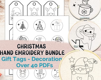 Bumper Christmas Hand Embroidery Bundle Sewing Mini Hoop Art Christmas Designs DIY Christmas Ornament Embroidery Patterns Gift Labels