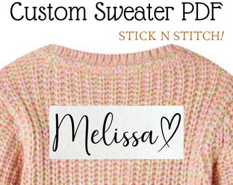 Custom Name Sweater Hand Embroidery Pattern Printable Baby Name PDF Pattern Children Sweater Stick N Stitch Embroidery PDF Download DIY Gift