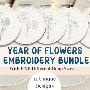 Birth Flowers Hand Embroidery Pattern Bundle - Year Of  Flowers Embroidery PDF  - Embroidery Birthday Gift For Her - Cottage Core Decor -