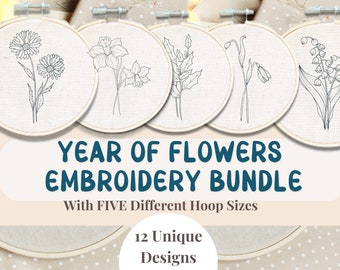 Birth Flowers Hand Embroidery Pattern Bundle - Year Of  Flowers Embroidery PDF  - Embroidery Birthday Gift For Her - Cottage Core Decor -