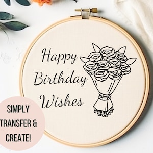 Happy Birthday Printable Hand Embroidery Pattern - Birthday Roses Embroidery PDF - DIY Birthday Embroidery Gift - Unique Birthday Card Idea