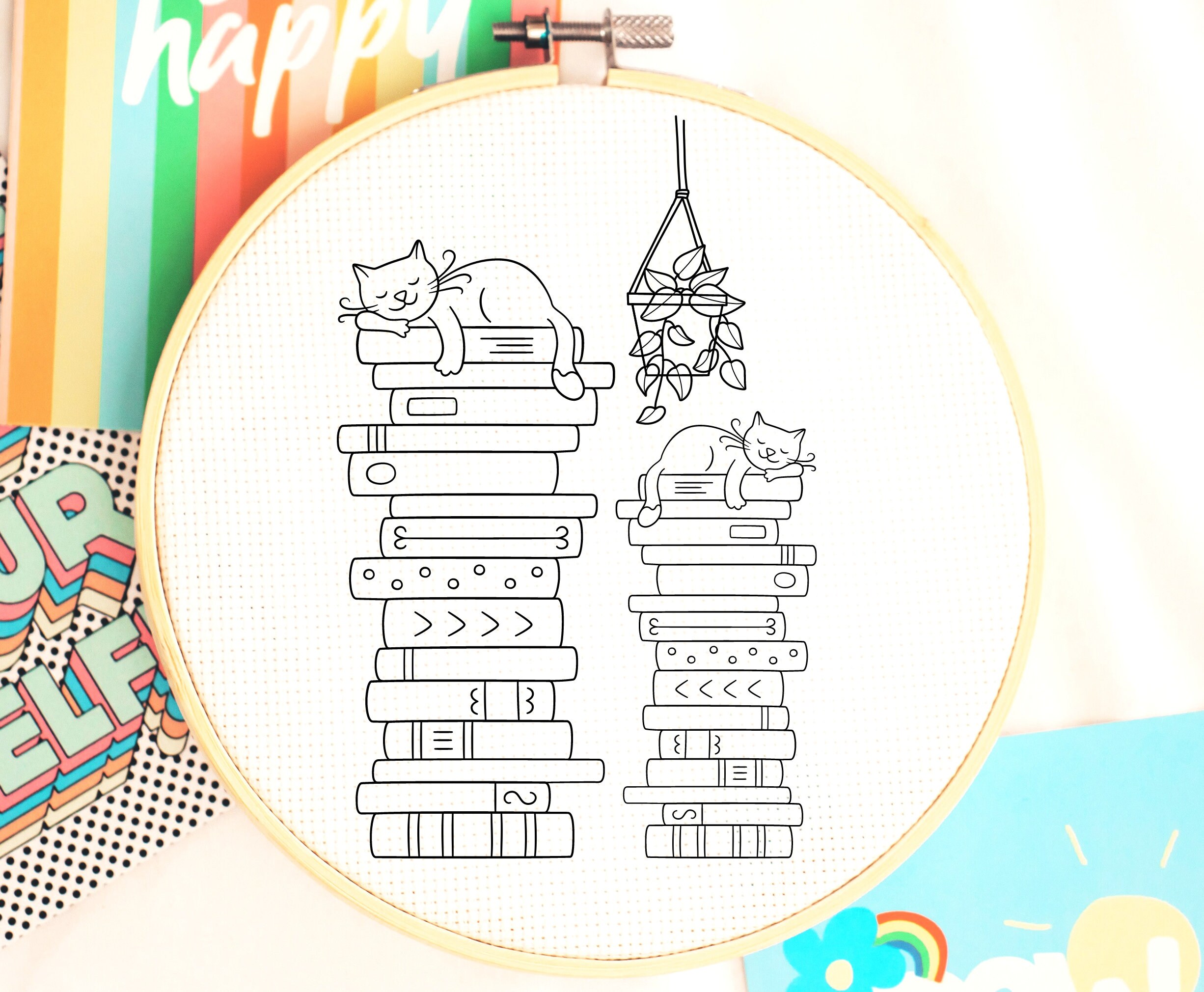 Boho Hand Embroidery Pattern - Stack of Books Hoop Art Design - Cat ...