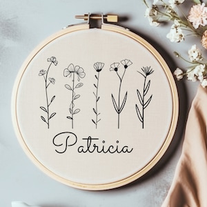 Personalized Hand Embroidery Pattern Wild Flowers Hand Embroidery PDF Custom Name Embroidery Design Embroidered Gift Idea Custom Hoop