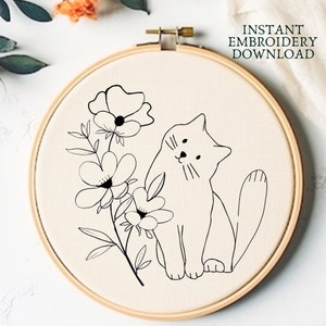 Floral Cat Hand Embroidery PDF Printable Cute Cat Hand Embroidery Pattern Cat Lover Gift Modern Embroidery Cat Hoop Art Download Pattern