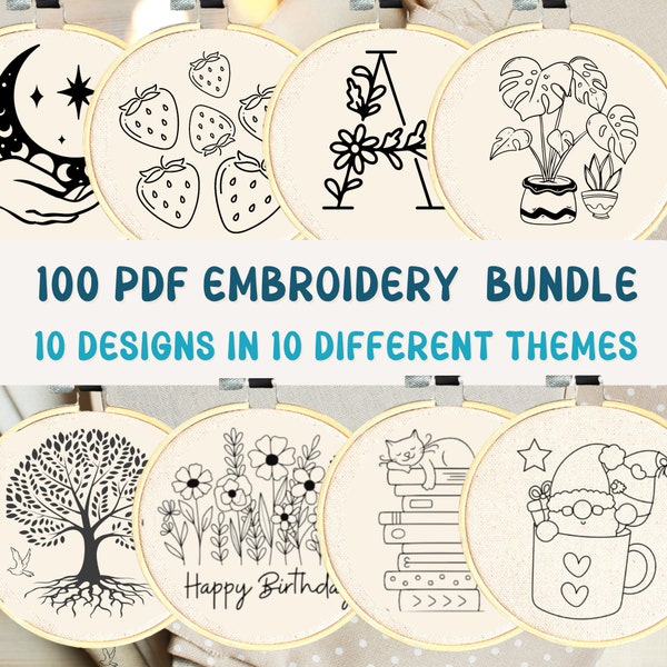 Special 100 Hand Embroidery Patterns - Special Embroidery 100 Pattern PDF Bundle - 10 Catégories Incluses - Christmas Alphabets Nature Boho