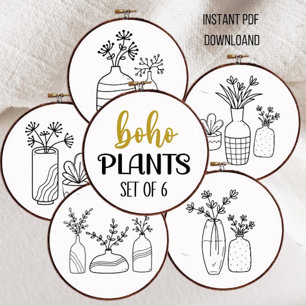 Boho Plants Hand Embroidery Pattern Bundle - House Plants PDF Pattern Bundle  -Set of Plants in Vases Hand Embroidery -Plant Lovers Hoop Art