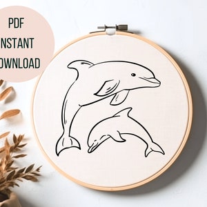 Golfinhos bordados à mão PDF Golfinho para impressão Padrão de bordado à mão Golfinho Hoop Art Ocean Bordado Baixar Dolphin Lovers Gift Idea