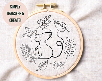 Woodland Mouse Hand Embroidery PDF- Cute Mouse Embroidery Pattern - Mouse Hoop Art PDF - Nature Hoop Art Pattern- Cottage Core Embroidery
