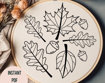 Autumn Leaves Hand Embroidery Pattern - Autumn Embroidery PDF - DIY Fall Hoop Art - Acorns and Leaves Pattern - Embroidery Design Fall
