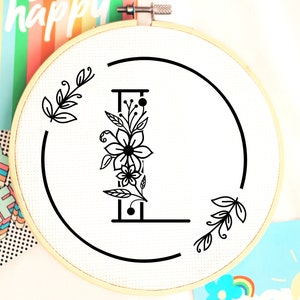 Letra L Monograma Bordado à Mão - Letra L Bordado à Mão Design de Letra - Padrão Letra L - Arte Bordada à Mão - Monograma Hoop Art
