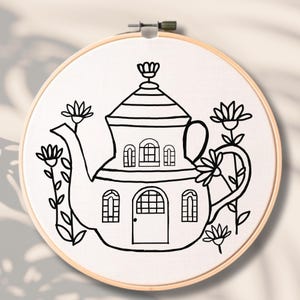 Puede incluir: Dibujo en blanco y negro de una tetera con forma de casa con una flor en la parte superior. La tetera tiene ventanas y una puerta. Hay flores a ambos lados de la tetera.