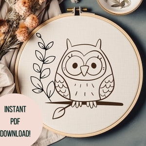 Cute Owl Hand Embroidery PDF Owl Printable Hand Embroidery Pattern Owl Hoop Art Owl Lovers Gift Idea Whimsical Embroidered Owl Design