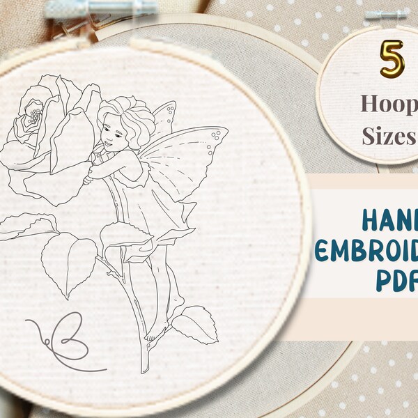 Rose Flower Fairy Hand Embroidery Pattern - Whimsical Hand Embroidery PDF - Flower Fairy Hoop Art Pattern - Embroidery Template - Vintage