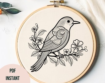 Bird Hand Embroidery Pattern Modern Line Art Bird Printable Embroidery PDF Bird Hoop Art Pattern Download Gift For Bird Lovers