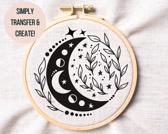 Floral Moon Embroidery Pattern PDF~ Celestial Moon Phases Hand Embroidery PDF ~ Modern Hand Embroidery PDF  - Celestial Hoop Art Design