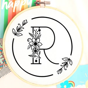 Letra R Monograma Bordado à Mão - Letra R Bordado à Mão Design de Letra - Padrão Letra R - Arte Bordada à Mão - Monograma Hoop Art