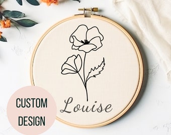Custom Poppy Flower Hand Embroidery Pattern Personalized Poppy Embroidery PDF Name Embroidery Design Embroidered Gift Bespoke Hoop Art