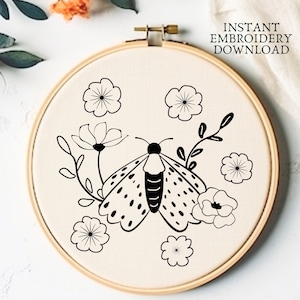 Moth and Flowers Hand Embroidery Pattern PDF Moth Hand Embroidery Pattern Printable Animal Embroidery Download Floral Moth Hoop Art Design